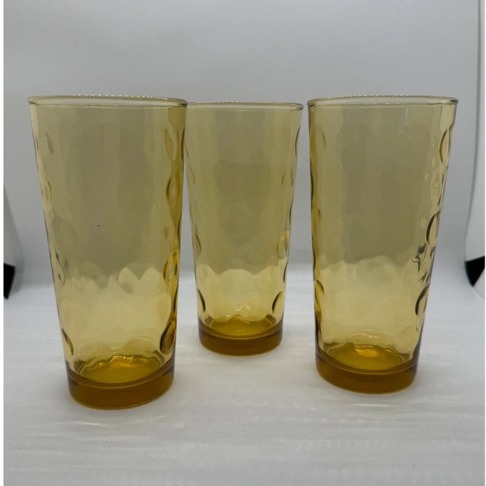 VTG Amber Eldorado Gold Hazel-Atlas Rain Drops Thumbprint‎ Glasses Set of 3 MCM
